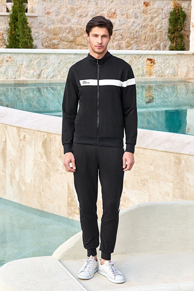 25935 Men's Black Stand Collar Cotton Men's Tracksuit Suit