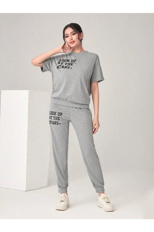 The Stars Ribana 2-Piece T-shirt Sweatpants Jogger Gray Bottom Top Tracksuit Set Oversize Crew Neck