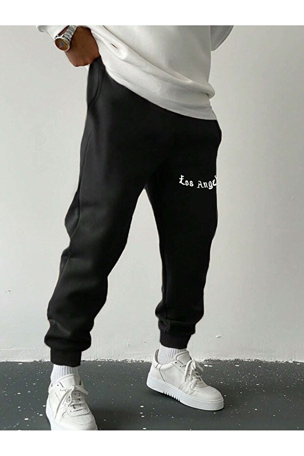 Los Angeles Sweatpants Jogger - Black Printed Rubber Leg High Waist