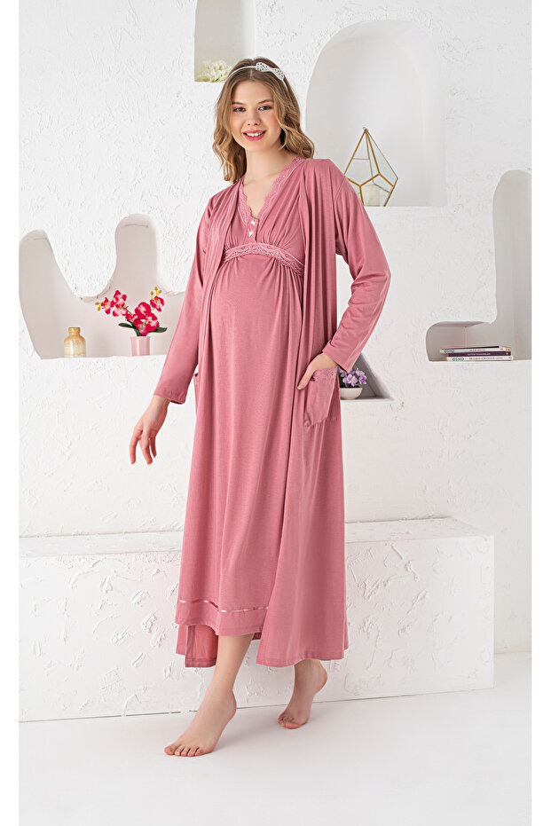Maternity Long Sleeve Dressing Gown, Openable Buttoned Lace Detailed 2-Piece Nightgown Set