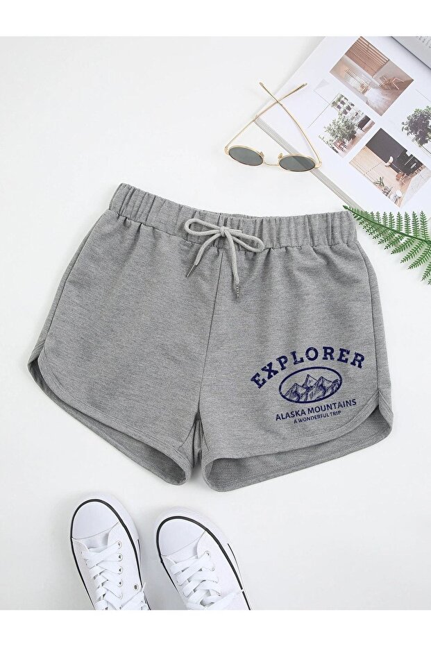 Gri Explorer Bermuda Penye Şort Kordonlu Baskılı - 1