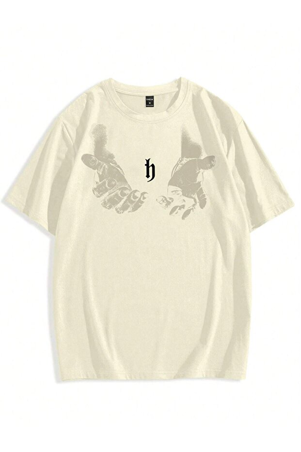 Men's Hand Print Oversize Beige Printed T-shirt - Crew Neck Short Sleeve Comfortable Fit T-Shirt
