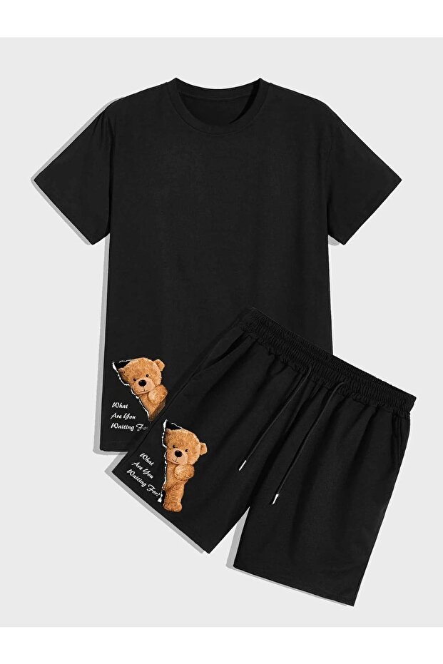 Black Teddy Bear Printed Shorts T-shirt Set