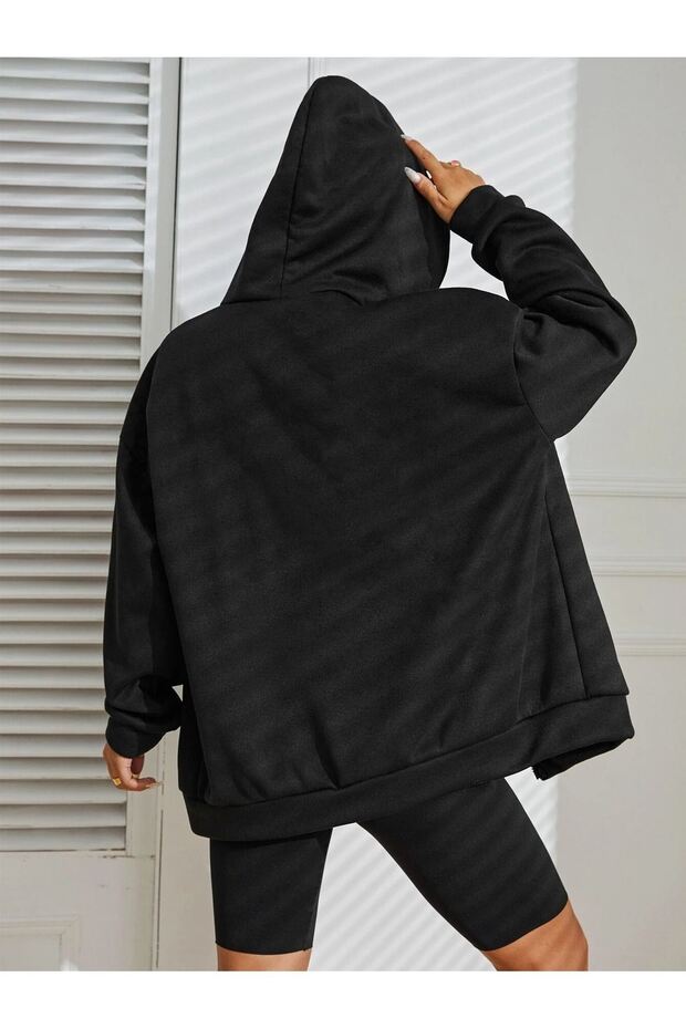 Basic Plain Cardigan - Černá oversize s kapucí - 6