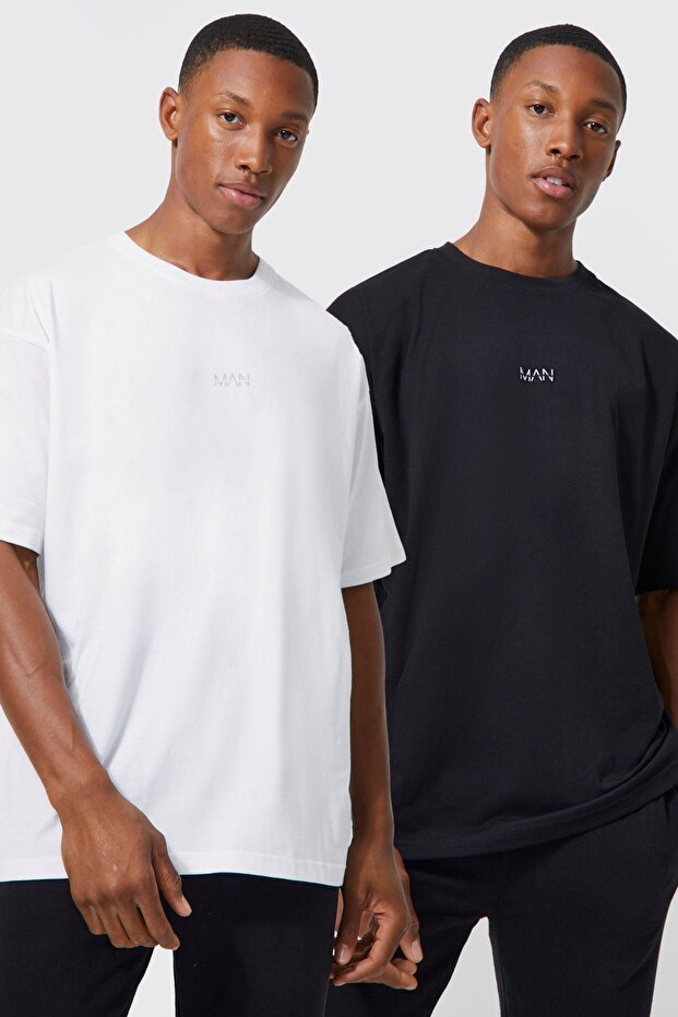 2-Piece Man Lettering Single Jersey T-Shirt - Black and White Printed Oversize Crew Neck Short Sleeve Tee Shirt