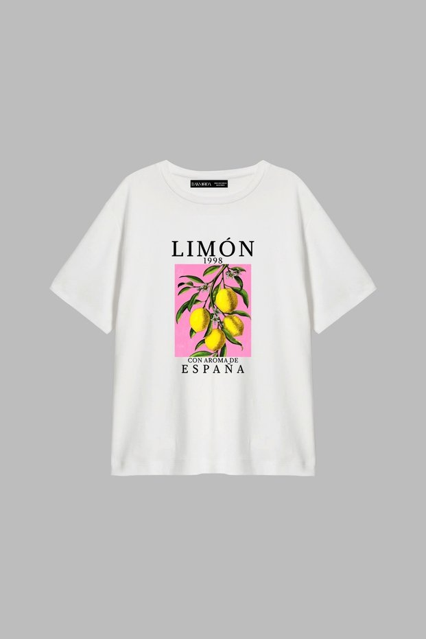 Lemon Printed Relaxed Fit White Women's Tshirt