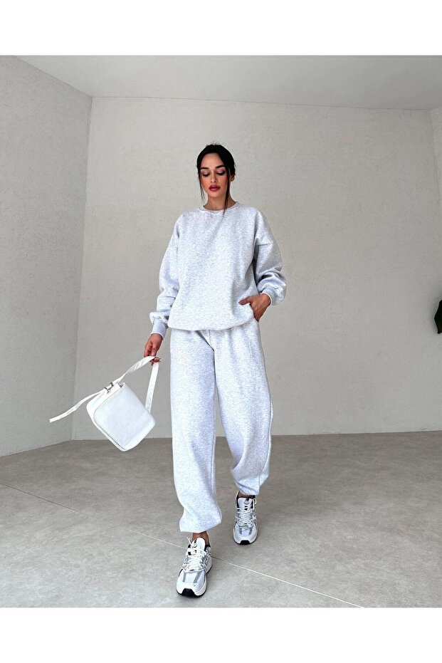 Basic Plain Tracksuit Set Sweatshirt Jogger - Gray Oversize Raised Crew Neck