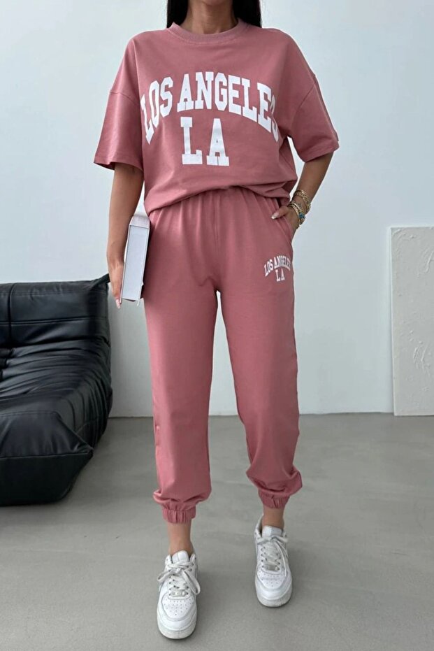 Los Angeles T-shirt Sweatpants Jogger- Pink Printed Bottom Top Tracksuit Set Oversize Crew Neck