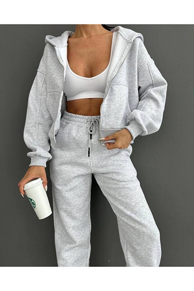 Düz Basic Hırka Eşofman Altı Jogger Alt Üst Takım - Gri Fermuarlı Oversize Kapüşonlu - 1