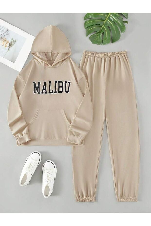 Malibu Tracksuit Set Sweatshirt Jogger - Beige Printed Oversize Hooded Hooded