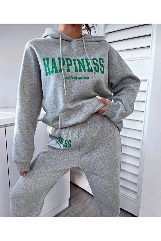 GRİ Happiness Baskılı Kapüşonlu Kombin Alt Üst Eşofman Takımı - 2