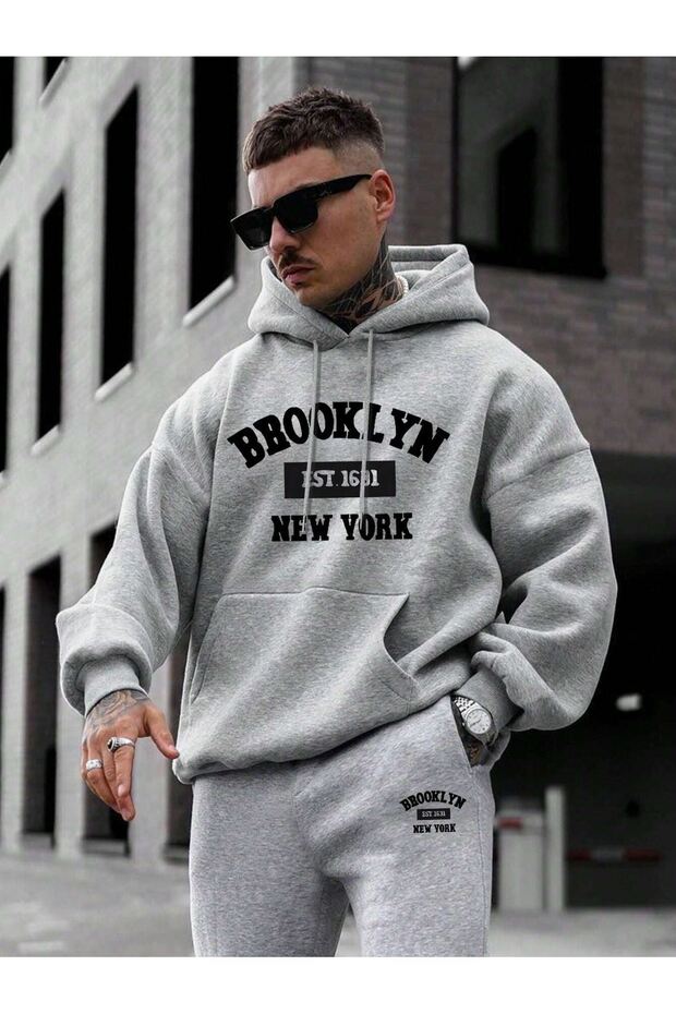 Brooklyn 1631 Tracksuit Set Sweatshirt Jogger - Gray Printed Oversize Ribbon Hoodie