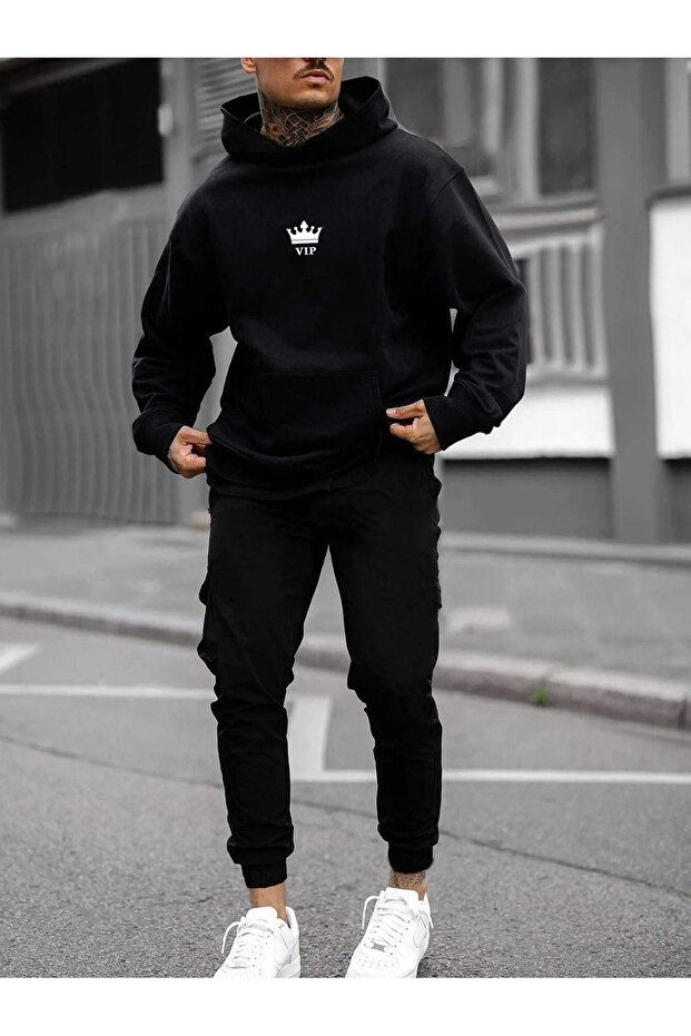 طقم بدلة رياضية Vip سويت شيرت Jogger - غطاء رأس كبير الحجم مطبوع باللون الأسود
