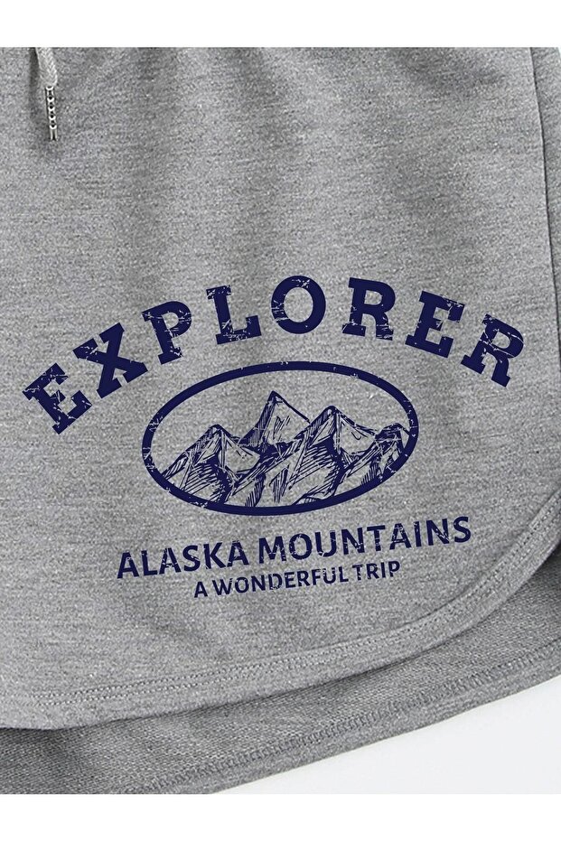 Gri Explorer Bermuda Penye Şort Kordonlu Baskılı - 4