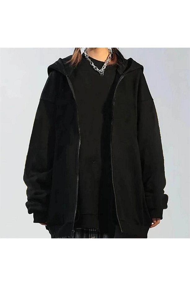 Basic Düz Hırka - Siyah Oversize Kapüşonlu - 1
