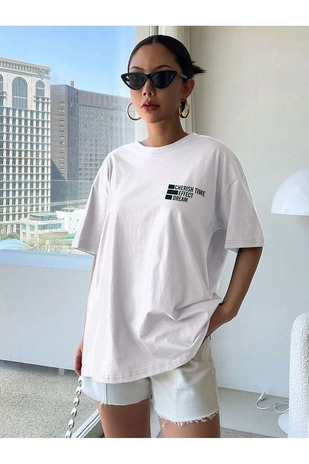 Unisex Beyaz Oversize Cheeris Time Baskılı Örme T-shirt - 3