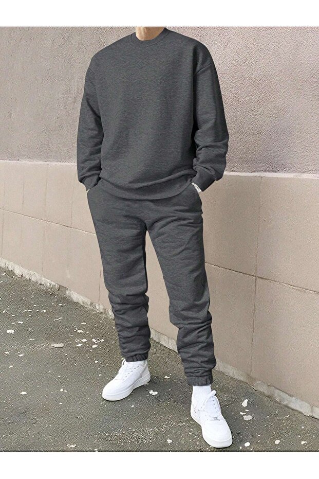 طقم بدلة رياضية عادية للرجال سويت شيرت Jogger - أنثراسايت كبير الحجم برقبة دائرية