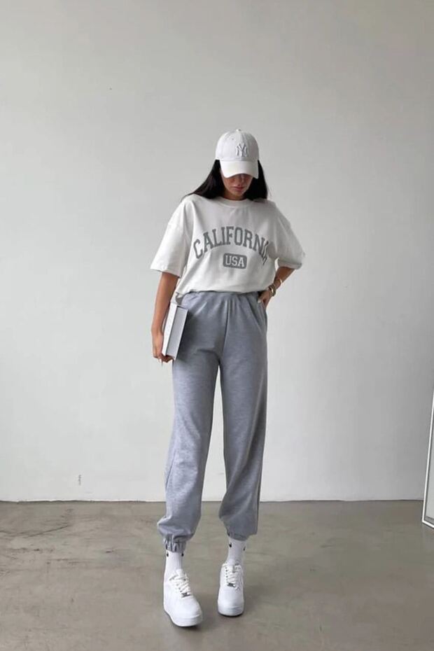 California Usa White T-shirt Gray Sweatpants Jogger - Printed Bottom Top Suit Oversize Crew Neck