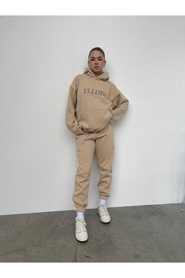 Ellore Australia Tracksuit Set Sweatshirt Jogger - Beige Printed Oversize Hooded Hooded