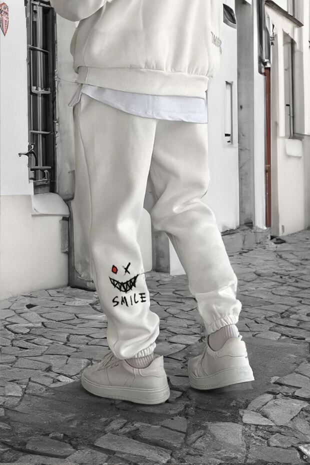 Smile Face White Jogger Sweatpants - Leg Print Detailed Rubber Leg Printed Casual Style