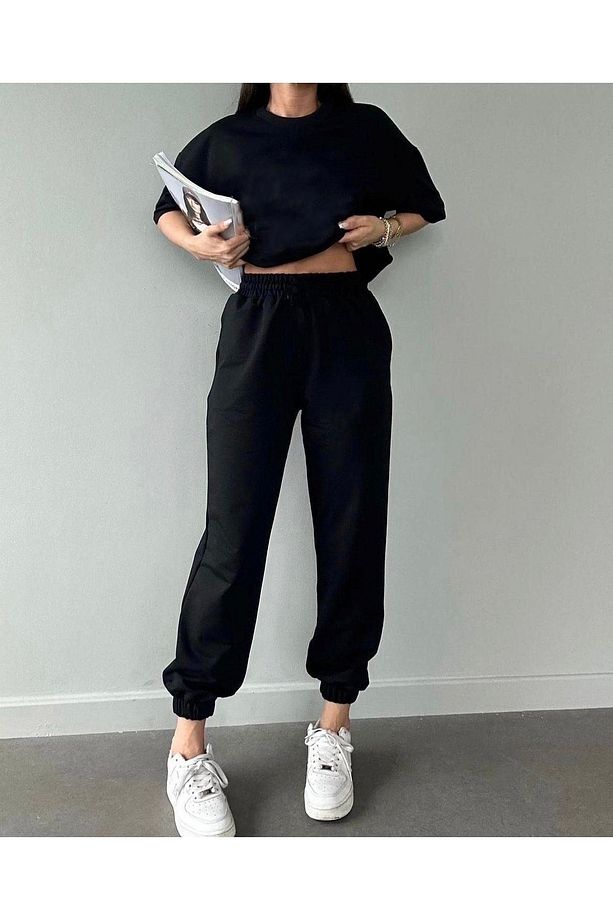 Basic T-shirt Eşofman Altı Jogger Siyah Düz Alt Üst Eşofman Takımı Oversize Bisiklet Yaka - 2