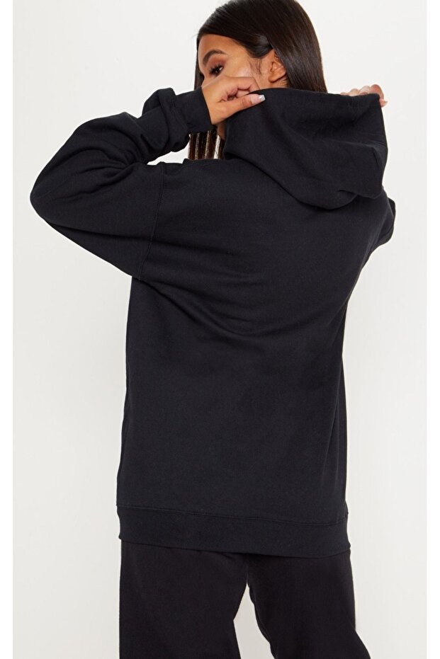 Basic Düz Hırka - Siyah Fermuarlı Oversize Kapüşonlu - 4