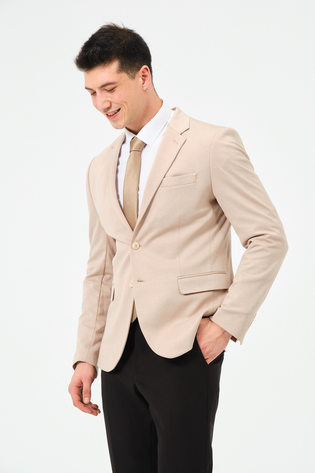 Bej Slim Fit Örme Esnek Kumaşlı Blazer Ceket - 2