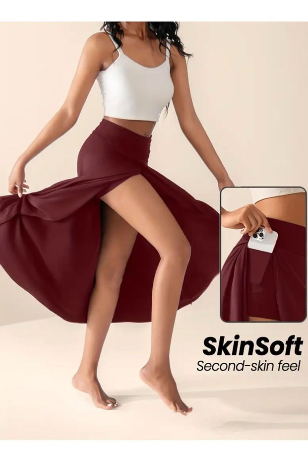 Burgundy Evalina Pocket Detail Comfortable Skirt with Shorts