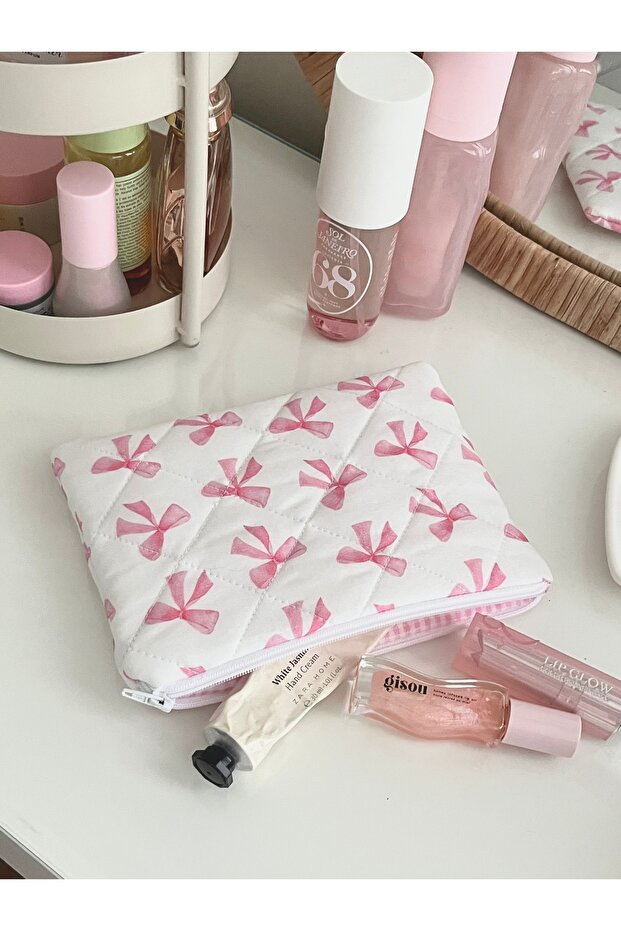 حقيبة مكياج منقوشة بفيونكة - منظم داخل الحقيبة - 1