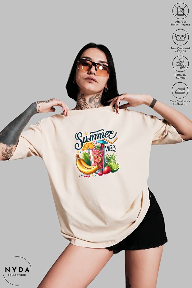 Unisex Crew Neck Summer Vibes Printed Cotton Oversize Short Sleeve T-Shirt