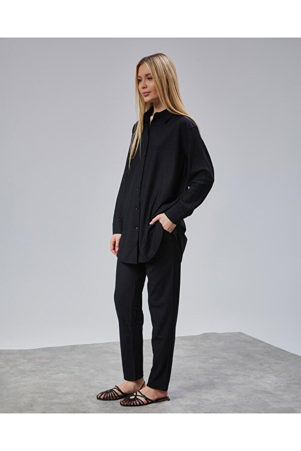 طقم كيمونا مزدوج بياقة قميص أسود - 6