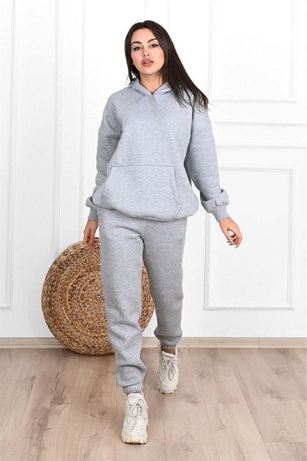 Düz Basic Eşofman Takımı Sweatshirt Jogger - Gri Oversize Şardonlu Kapüşonlu - 3