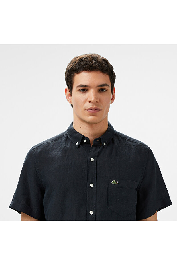 Erkek Regular Fit Kısa Kollu Düğmeli Yaka Keten Siyah Gömlek - 2