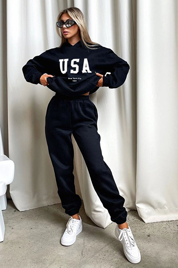 USA Tracksuit Set Sweatshirt Jogger - Black Printed Oversize Hoodie