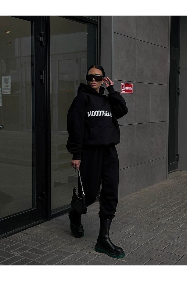 Mood The Label Kışlık Eşofman Takımı - Siyah Baskılı Kapüşonlu Oversize Şardonlu - 1