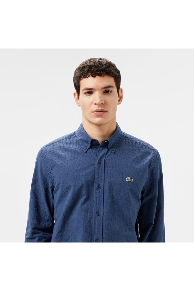 Erkek Slim Fit Düğmeli Yaka Lacivert Gömlek - 2