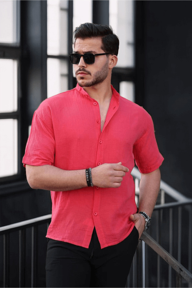 Hakim Collar Muslin Fabric Short Sleeve Shirt - Pomegranate