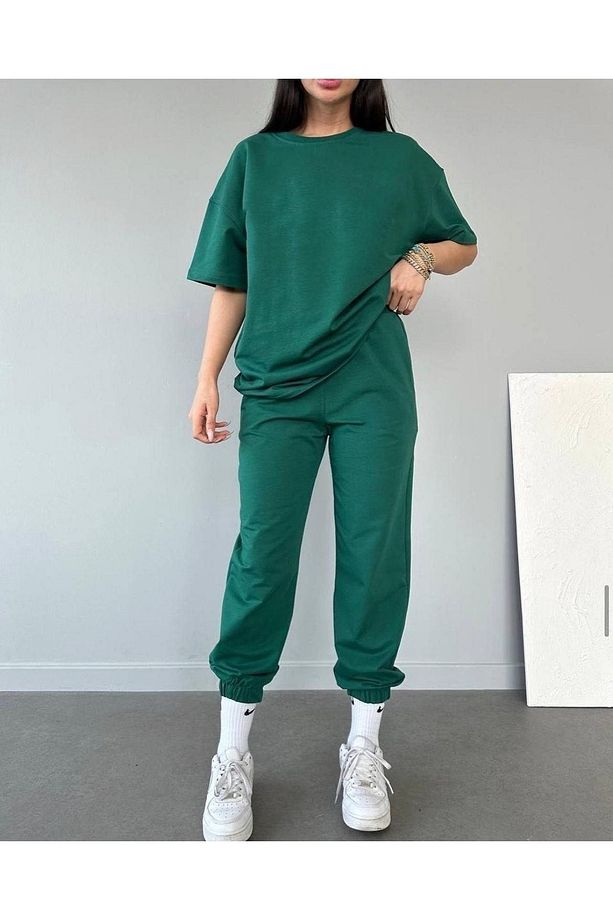 Basic T-shirt Eşofman Altı Jogger - Yeşil Düz Alt Üst Eşofman Takımı Oversize Bisiklet Yaka - 2