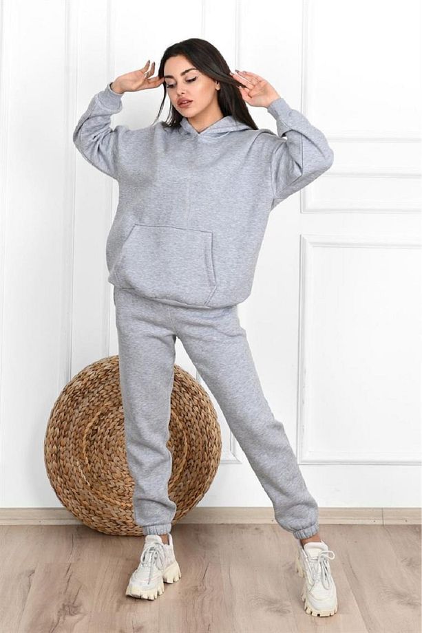 Düz Basic Eşofman Takımı Sweatshirt Jogger - Gri Oversize Şardonlu Kapüşonlu - 4