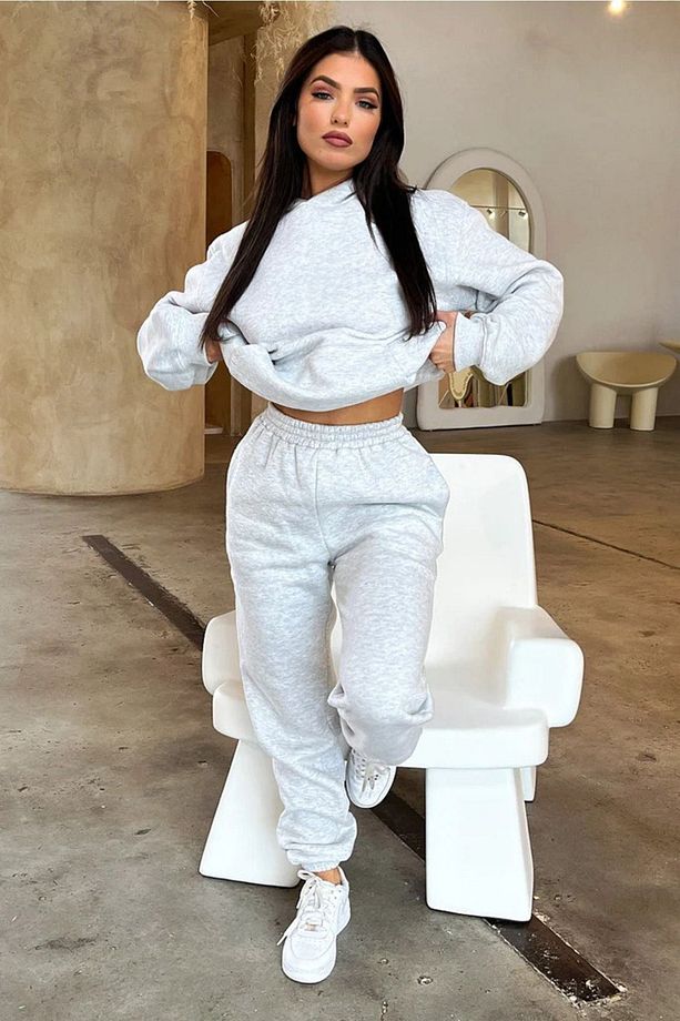 Basic Düz Eşofman Takımı Sweatshirt Jogger - Gri Oversize Şardonlu Kapüşonlu - 5