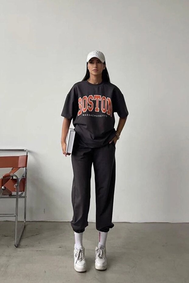Boston T-shirt Sweatpants Jogger - Smoke Printed Bottom Top Tracksuit Set Oversize Crew Neck