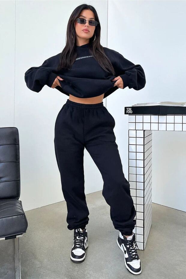 Thatssofetch Eşofman Takımı Sweatshirt Jogger - Siyah Baskılı Oversize Şardonlu Kapüşonlu - 5