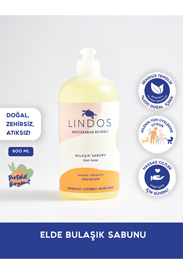 Lindos Doğal Elde Bulaşık Deterjanı %100 Bitkisel Güçlü Portakal Ve Bergamot Yağlı 600 ml