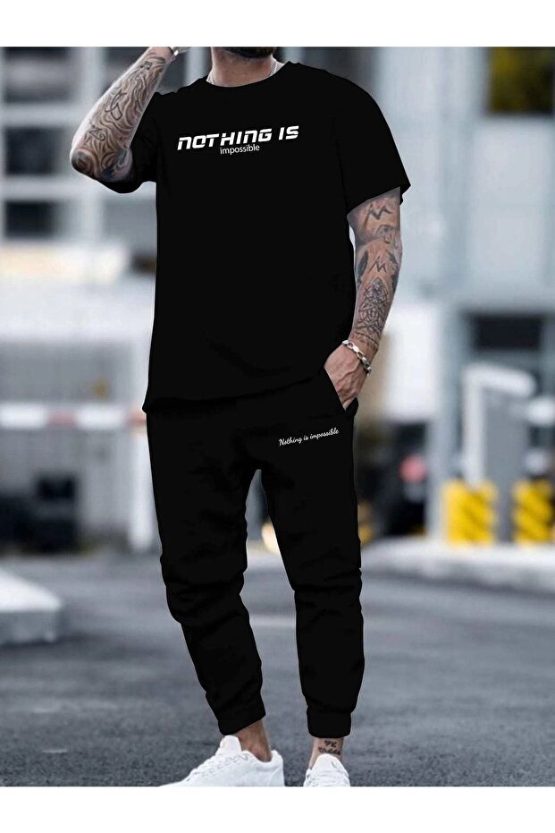 Erkek Siyah Nothıng Is Impossible Baskı Eşofman Tişört Takımı Oversize - 1