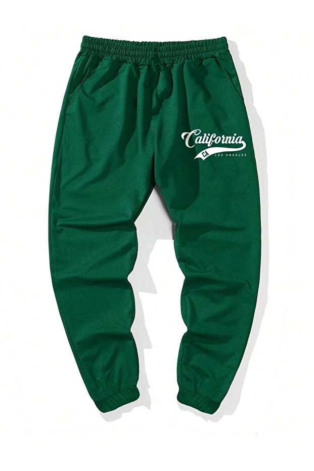 California Ca Sweatpants Jogger - Green Printed Elastic Leg High Waist