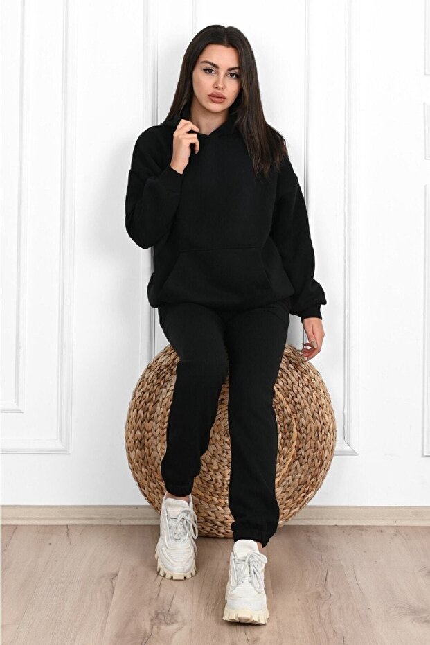 Düz Basic Eşofman Takımı Sweatshirt Jogger - Siyah Oversize Şardonlu Kapüşonlu - 3