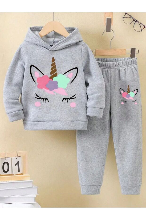 Unikorn Baskılı Pamuk Çocuk Kapüşonlu Takım - Gri Jogger Baskılı Kız Erkek Çocuk - 1