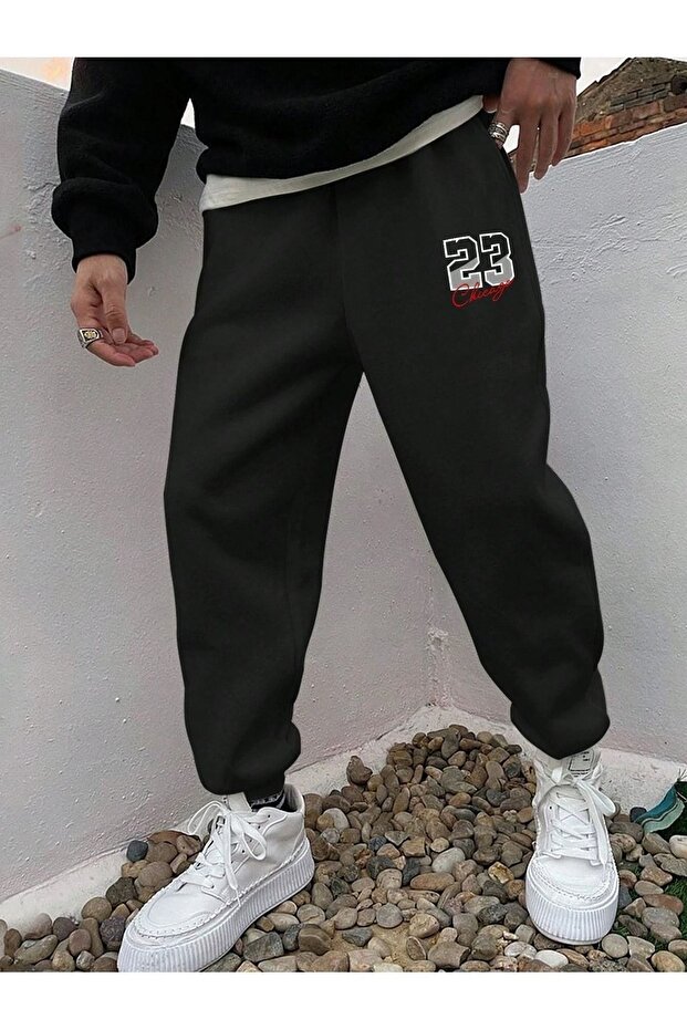 23 Chicago Sweatpants Jogger - Black Printed Rubber Leg High Waist