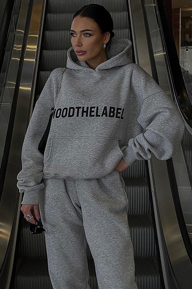 Mood The Label Winter Tracksuit Set - Gray Printed Hooded Oversize Hoodie
