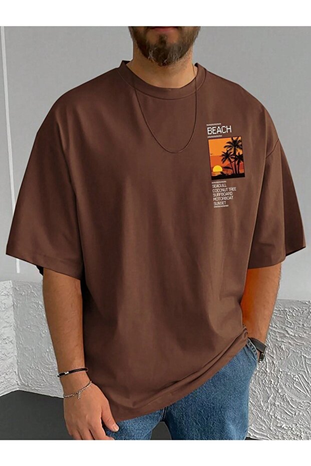 Beach Logo T-Shirt - Brown Printed Oversize Crew Neck Short Sleeve